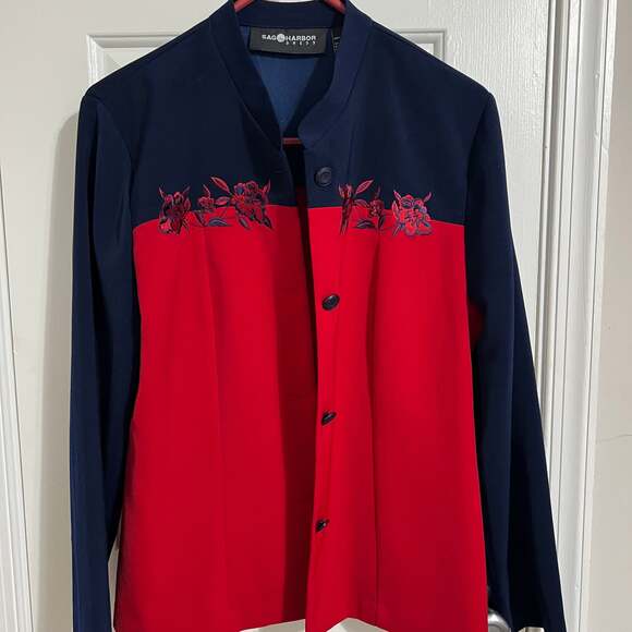 Sag Harbor Women's Red Embroidered Floral Button Down Collared blouse - Picture 2 of 4